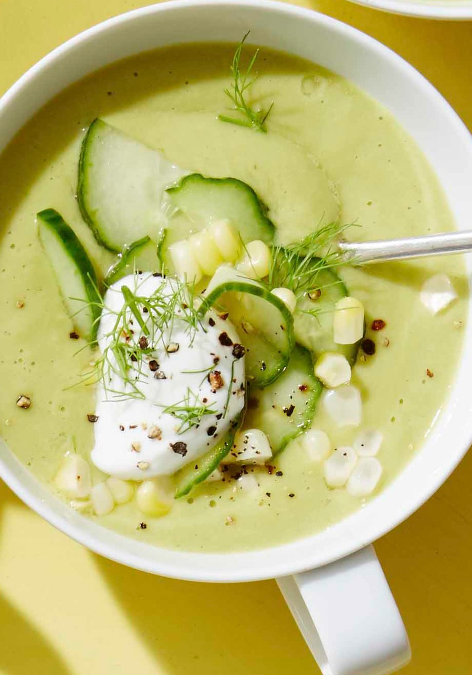 Corn and Avocado Soup with Pickled Cucumbers Recipe