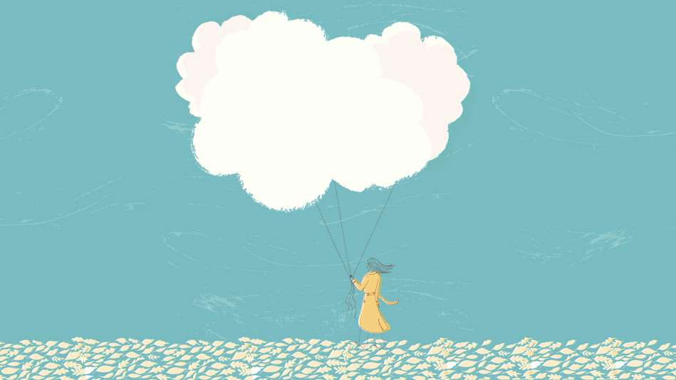 illustration of a woman holding a giant cloud balloon