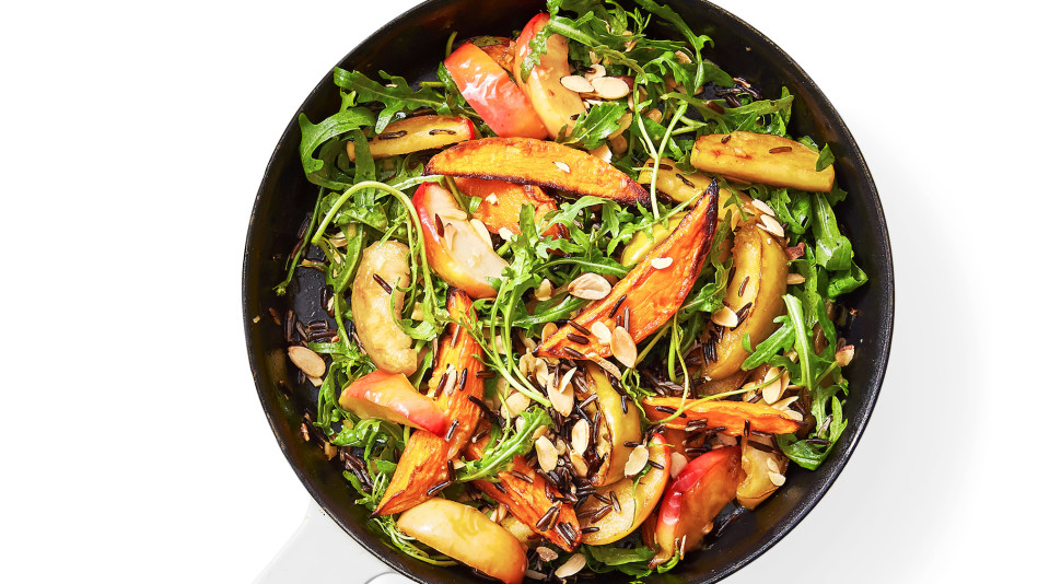 warm skillet salad with roasted apple and sweet potato
