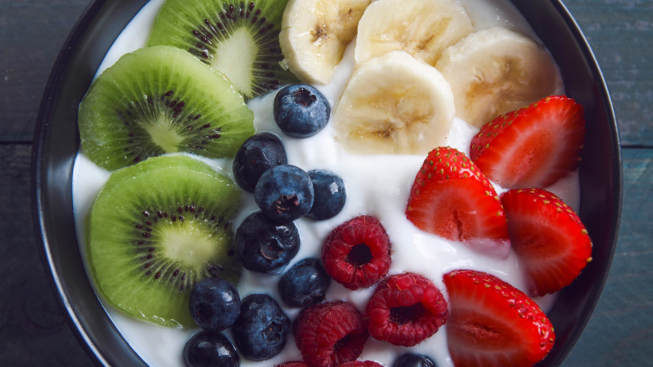 Overhead shot of yogurt bowl with fruit