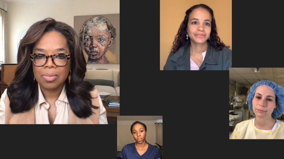 Screen capture of Oprah speaking virtually with 3 nurses