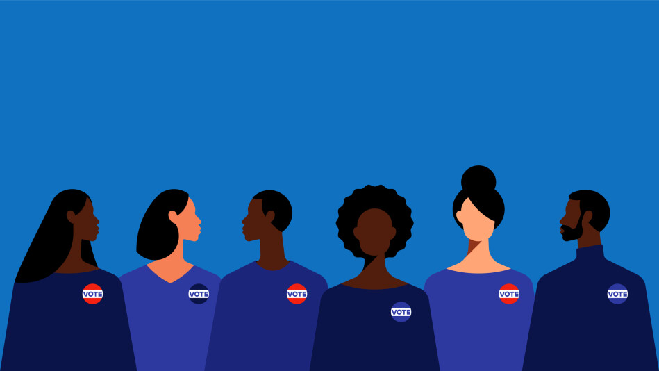Illustration of people of color wearing 'Vote' stickers