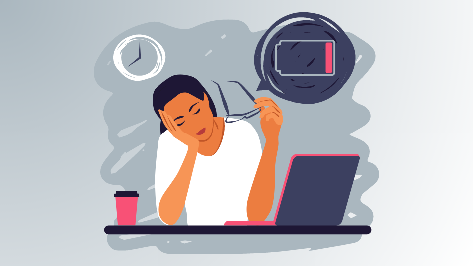 Illustration of an exhausted woman sitting at a desk