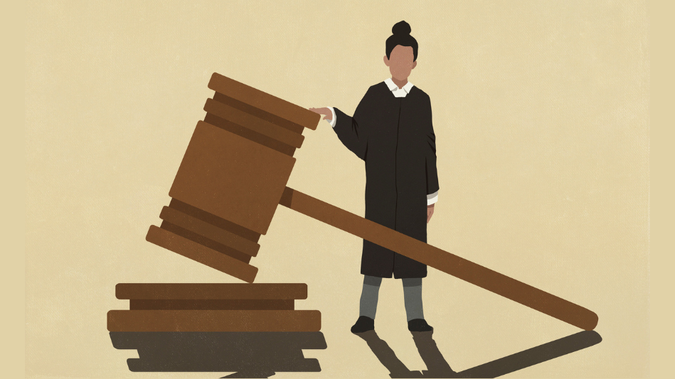 Illustration of a judge wielding an enormous gavel