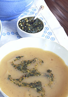 Creamy Potato Soup with Sage and Toasted-Walnut Pesto