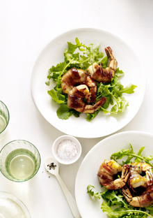 Arugula Salad with Honey-Glazed, Bacon-Wrapped Shrimp