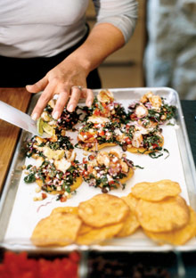 Cavolo Nero and Red Cabbage Tostadas with Spicy Shrimp and Cumin-Scented Vinaigrette