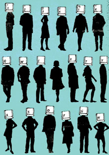 Silhouettes of people with keyboard keys for heads