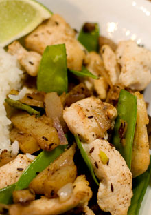 Curried Chicken Stir-Fry with New Potatoes and Snow Peas