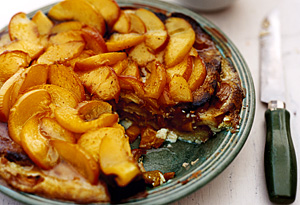 Breakfast Bread Pudding with Peaches and Vanilla-Buttermilk Syrup