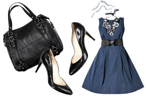 Navy dress with black accessories