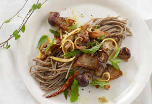 soba noodles with sauteed mushrooms, shallots and mint