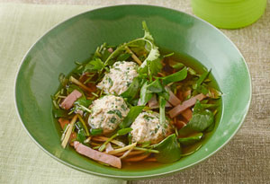 chicken and watercress soup with ginger and smoked ham