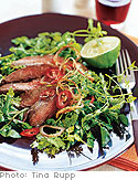 Grilled Skirt Steak Salad with Watercress, Chervil, Lime, Crispy Shallots and Chilies