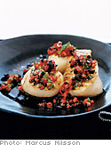 Grilled Sea Scallops with Tomato-Black Olive Vinaigrette and Potatoes