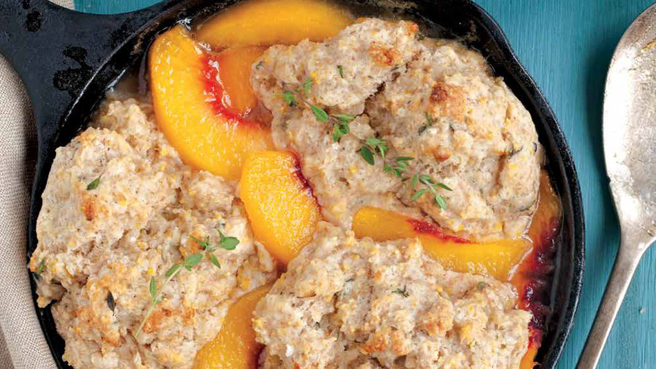 Peach Breakfast Cobbler with Cornmeal-Thyme Biscuits