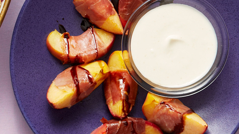 Country Ham-Wrapped Peaches with Goat Cheese Sauce Recipe