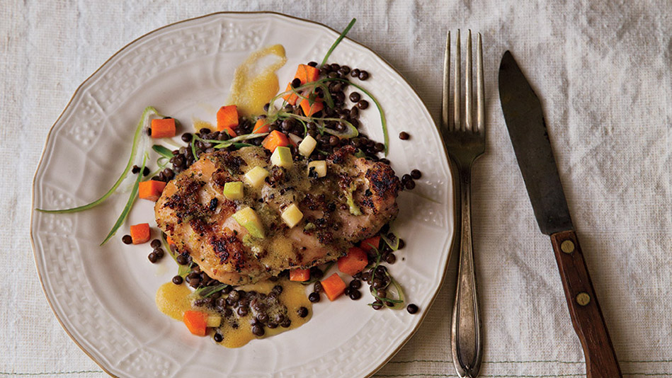 BBQ Chicken Thighs with Lentils and Green Apple Vinaigrette