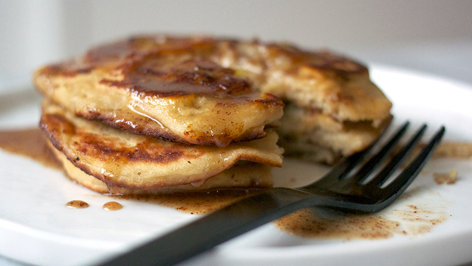 Caramelized Banana Pancakes with Maple-Almond Sauce