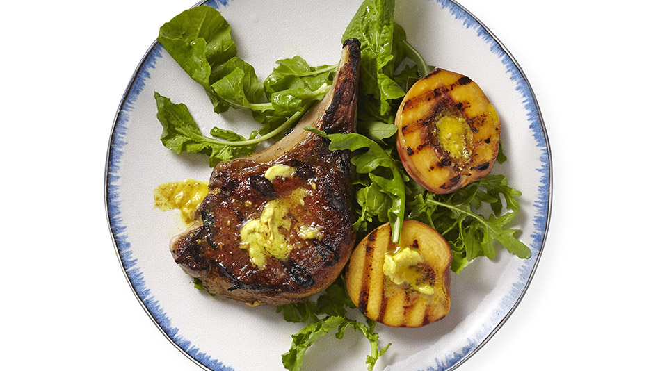 Curry Butter-Glazed Pork Chops and Peaches