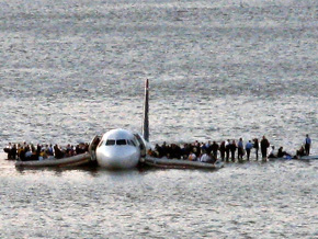 Flight 1549 lands on the Hudson River.