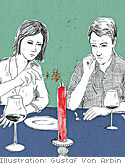 Couple sitting down at a candle-lit table with wine